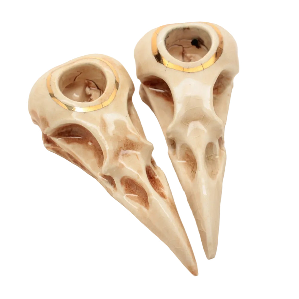 ceramic magpie skull candle holder - preorder - skullery