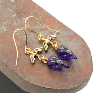 winged gem mini sparrow earrings - amethyst + gold