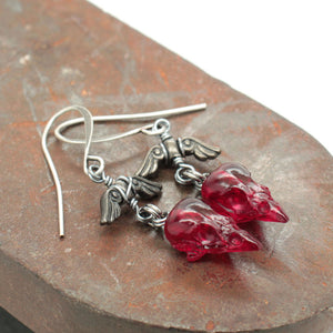 winged gem mini sparrow earrings - garnet + gunmetal